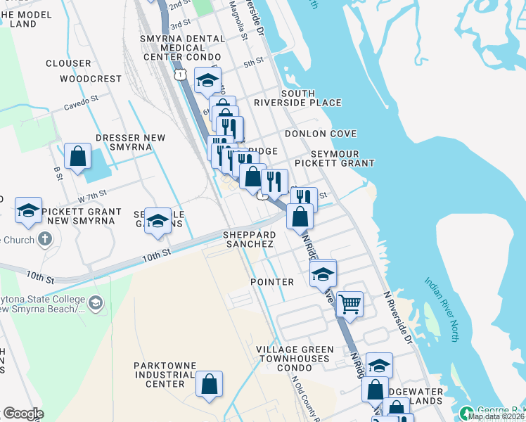 map of restaurants, bars, coffee shops, grocery stores, and more near 1707 Palmetto Court in New Smyrna Beach