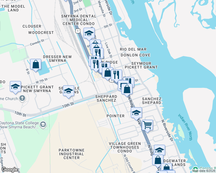 map of restaurants, bars, coffee shops, grocery stores, and more near 1702 Palmetto Court in New Smyrna Beach