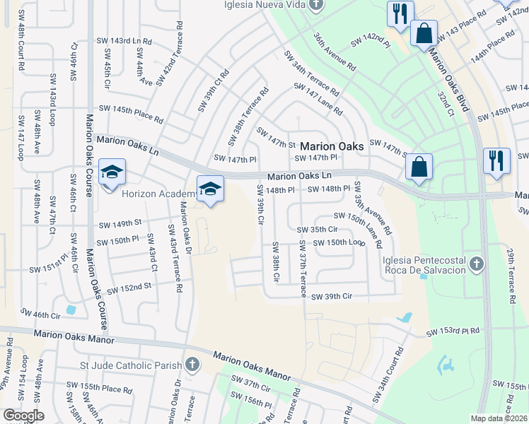 map of restaurants, bars, coffee shops, grocery stores, and more near 14789 Southwest 39th Circle in Ocala