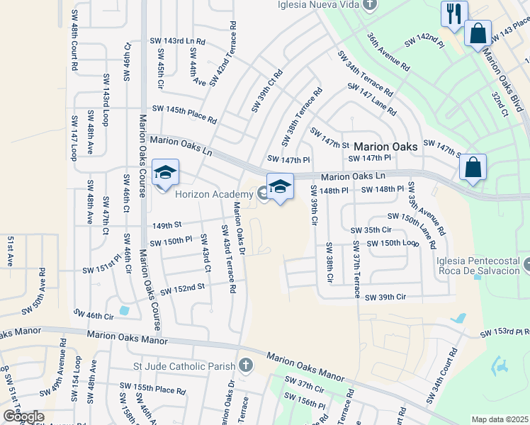 map of restaurants, bars, coffee shops, grocery stores, and more near 365 Marion Oaks Drive in Ocala