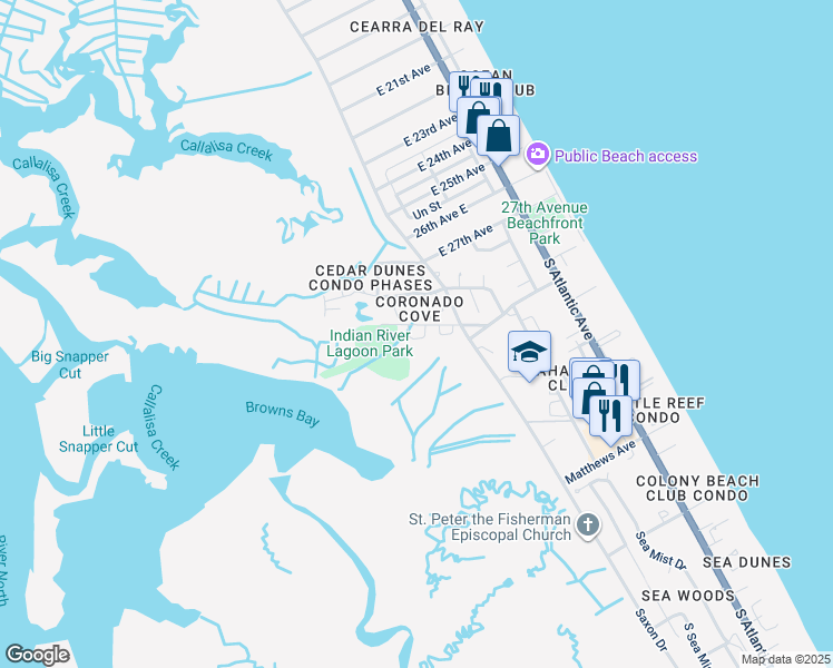 map of restaurants, bars, coffee shops, grocery stores, and more near 724 Laurel Bay Circle in New Smyrna Beach