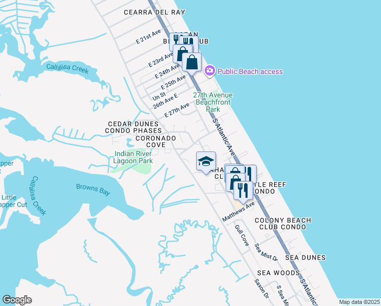 map of restaurants, bars, coffee shops, grocery stores, and more near 853 Schoolway Avenue in New Smyrna Beach