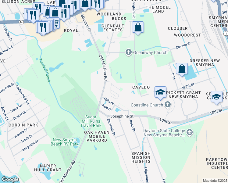map of restaurants, bars, coffee shops, grocery stores, and more near 803 Old Mission Road in New Smyrna Beach
