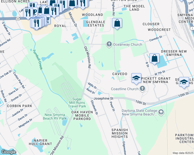 map of restaurants, bars, coffee shops, grocery stores, and more near 803 Old Mission Rd in New Smyrna Beach