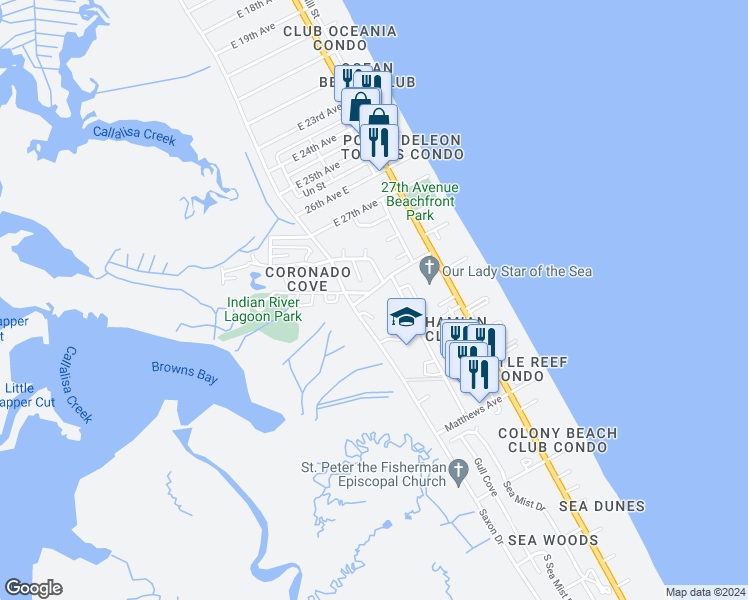 map of restaurants, bars, coffee shops, grocery stores, and more near 805 Schoolway Avenue in New Smyrna Beach