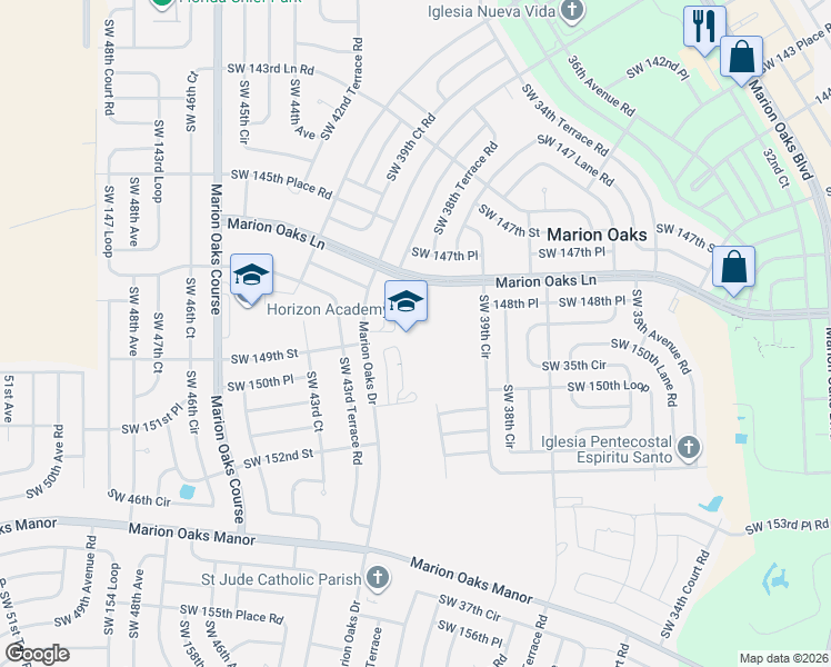 map of restaurants, bars, coffee shops, grocery stores, and more near 365 Marion Oaks Drive in Ocala