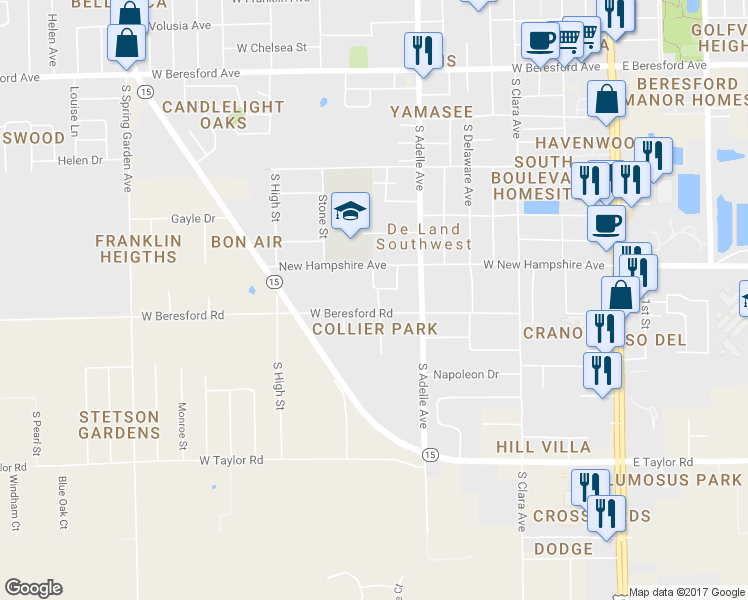 map of restaurants, bars, coffee shops, grocery stores, and more near 1410 South Orange Avenue in DeLand