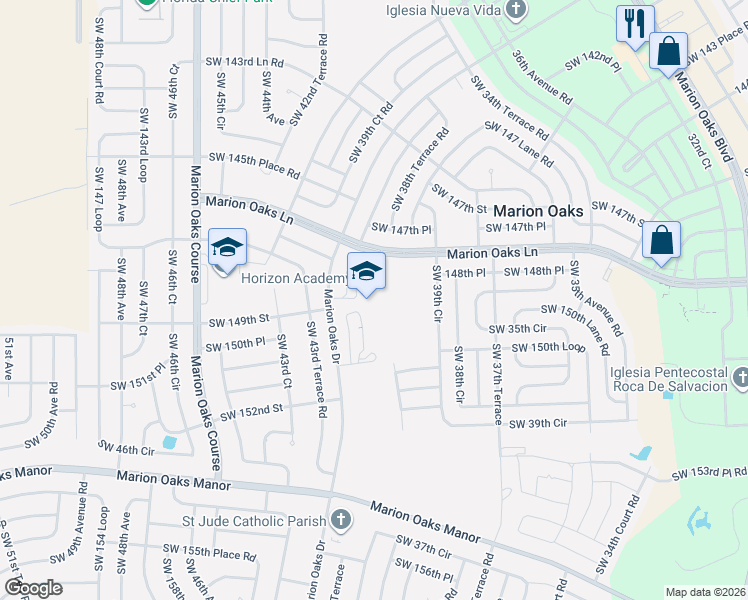 map of restaurants, bars, coffee shops, grocery stores, and more near 365 Marion Oaks Drive in Ocala