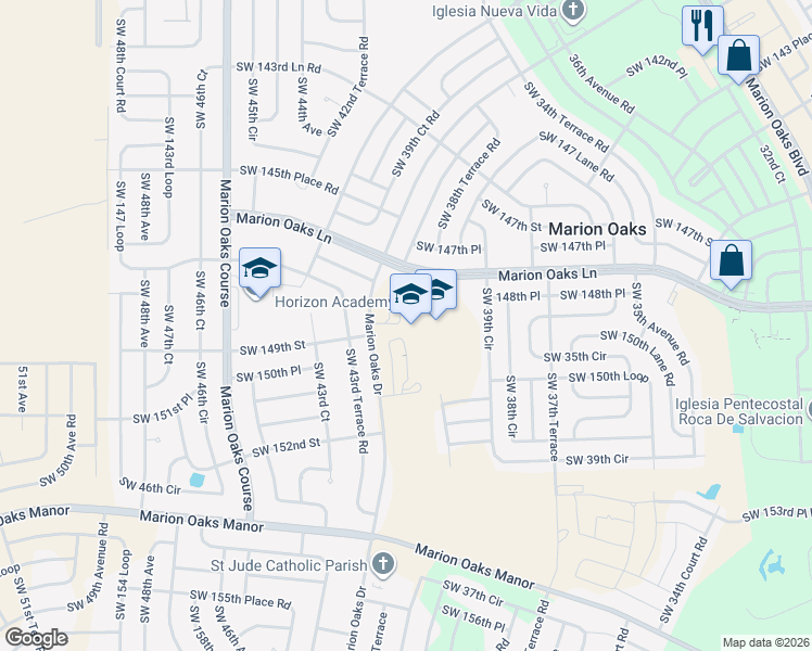 map of restaurants, bars, coffee shops, grocery stores, and more near 365 Marion Oaks Drive in Ocala