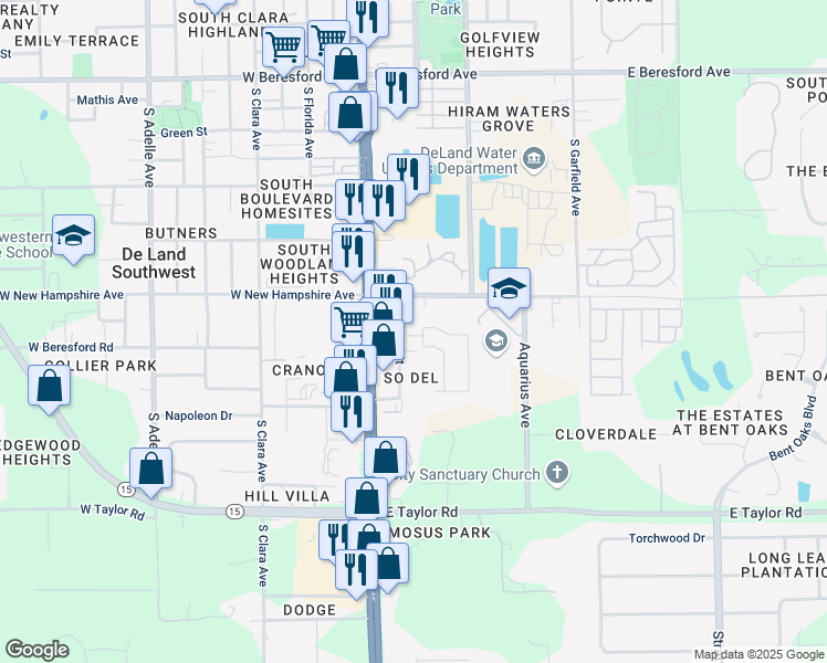 map of restaurants, bars, coffee shops, grocery stores, and more near 127 East Villa Capri Circle in DeLand