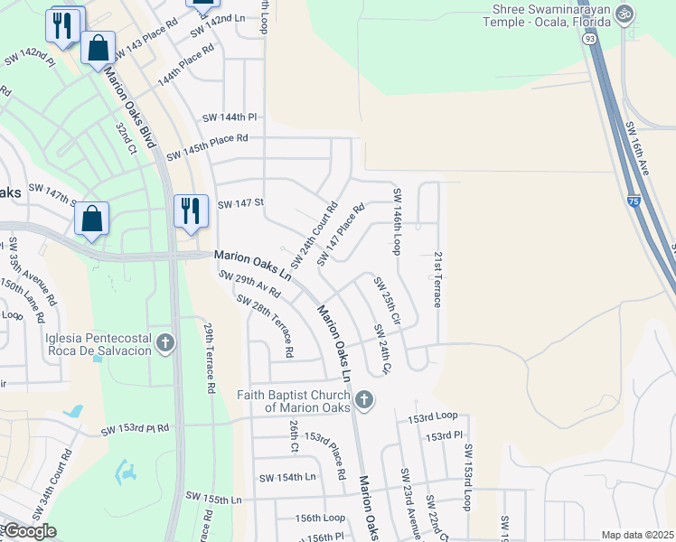 map of restaurants, bars, coffee shops, grocery stores, and more near 2500 Southwest 147th Lane Road in Ocala