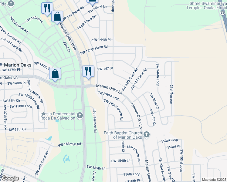 map of restaurants, bars, coffee shops, grocery stores, and more near 335 Marion Oaks Lane in Ocala