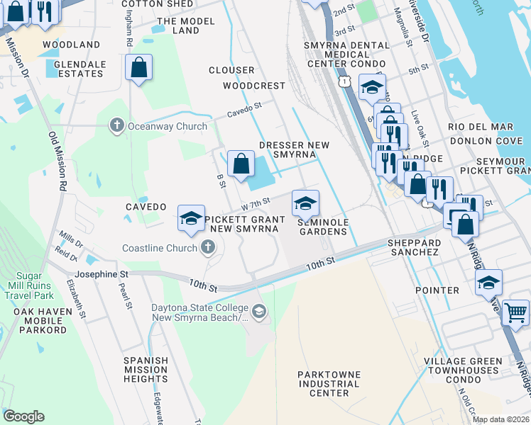 map of restaurants, bars, coffee shops, grocery stores, and more near 17205 Newport Sound Place in New Smyrna Beach