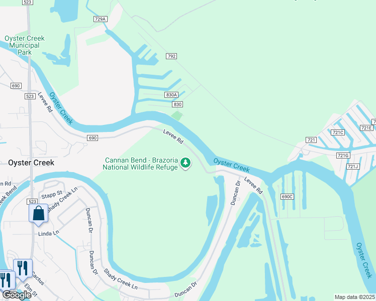 map of restaurants, bars, coffee shops, grocery stores, and more near Levee Road in Freeport