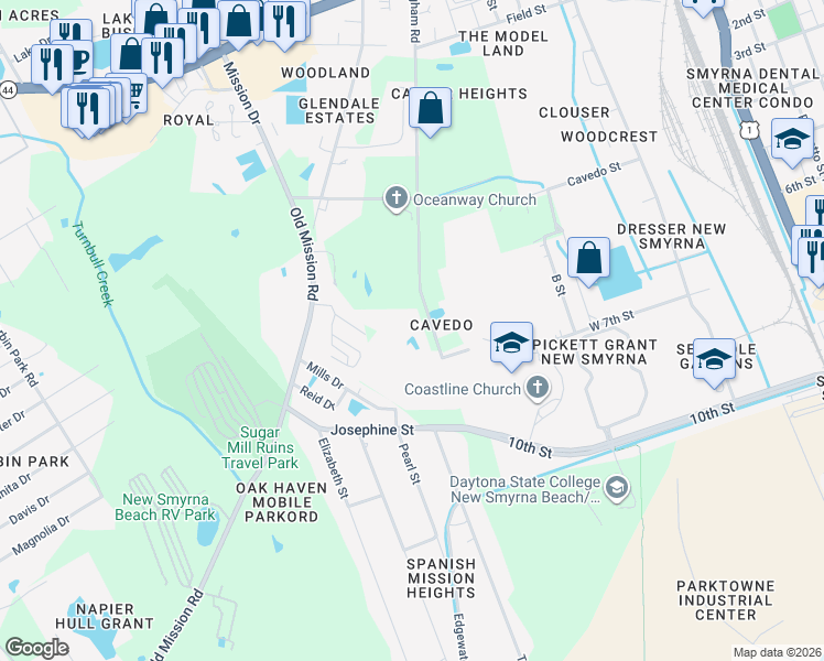 map of restaurants, bars, coffee shops, grocery stores, and more near 902 Ingham Road in New Smyrna Beach