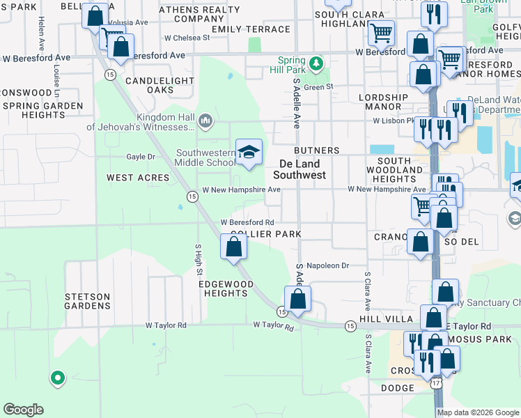 map of restaurants, bars, coffee shops, grocery stores, and more near 626 Wilson Avenue in DeLand