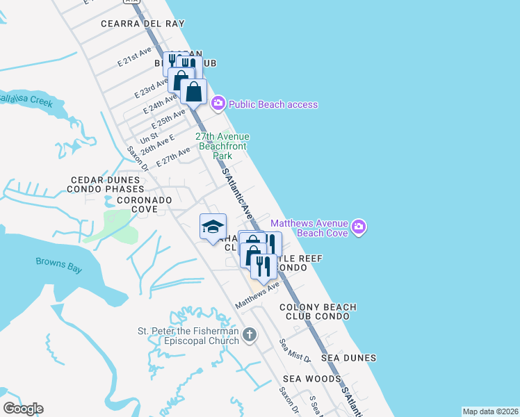 map of restaurants, bars, coffee shops, grocery stores, and more near 4141 South Atlantic Avenue in New Smyrna Beach