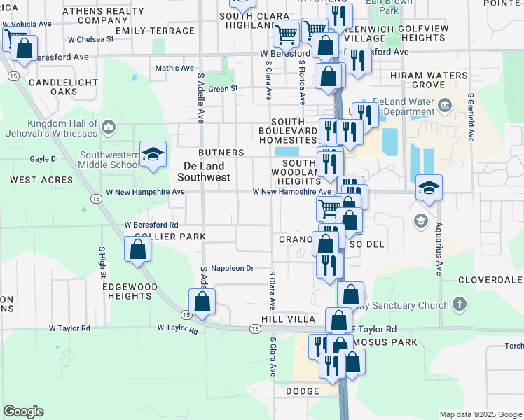map of restaurants, bars, coffee shops, grocery stores, and more near 310 West New Hampshire Avenue in DeLand