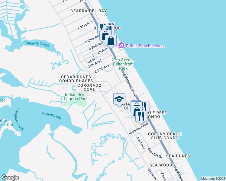 map of restaurants, bars, coffee shops, grocery stores, and more near 853 Schoolway Avenue in New Smyrna Beach
