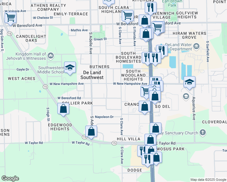 map of restaurants, bars, coffee shops, grocery stores, and more near 310 West New Hampshire Avenue in DeLand