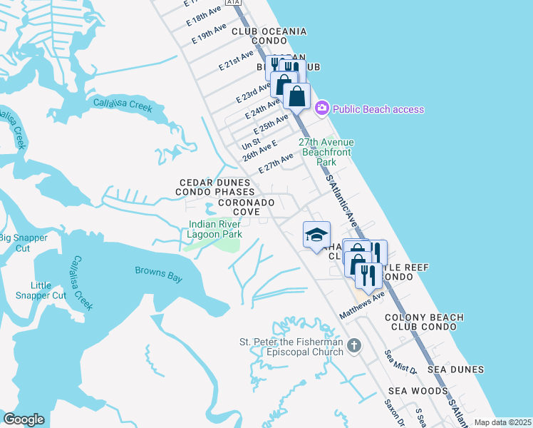 map of restaurants, bars, coffee shops, grocery stores, and more near 3811 Saxon Drive in New Smyrna Beach