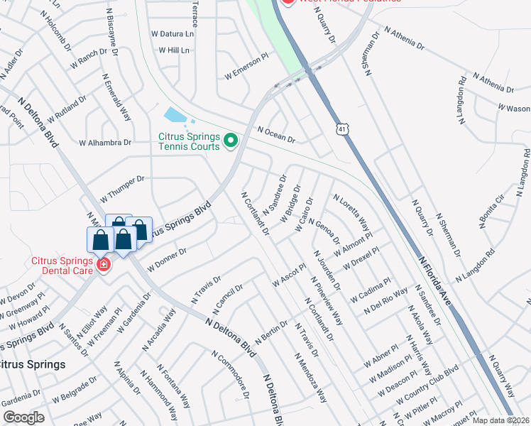 map of restaurants, bars, coffee shops, grocery stores, and more near 9995 North Sandree Drive in Citrus Springs