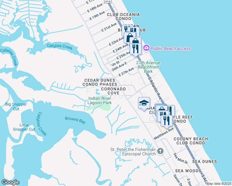 map of restaurants, bars, coffee shops, grocery stores, and more near 3800 Saxon Drive in New Smyrna Beach