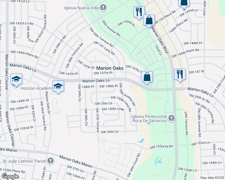 map of restaurants, bars, coffee shops, grocery stores, and more near 14864 Southwest 35th Circle in Ocala