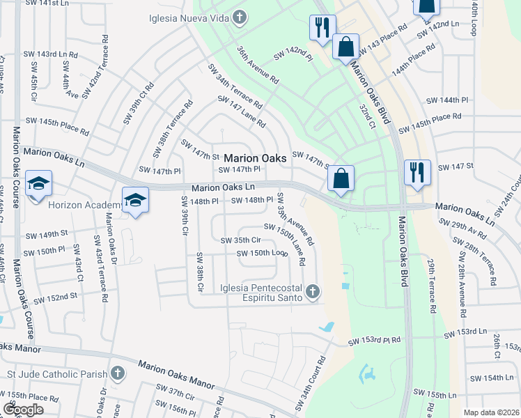map of restaurants, bars, coffee shops, grocery stores, and more near 14864 Southwest 35th Circle in Ocala