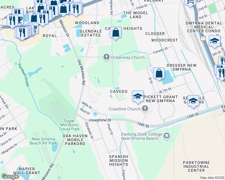 map of restaurants, bars, coffee shops, grocery stores, and more near 902 Ingham Road in New Smyrna Beach