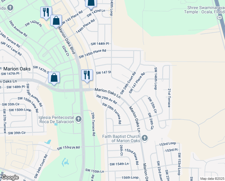 map of restaurants, bars, coffee shops, grocery stores, and more near 335 Marion Oaks Lane in Ocala