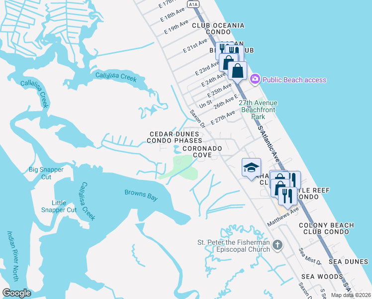map of restaurants, bars, coffee shops, grocery stores, and more near 67 Cedar Dunes Drive in New Smyrna Beach