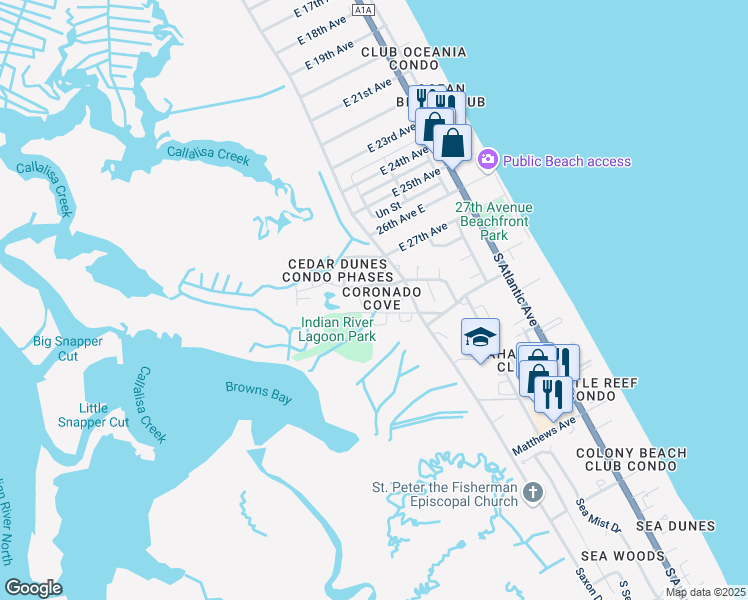 map of restaurants, bars, coffee shops, grocery stores, and more near 743 Laurel Bay Circle in New Smyrna Beach