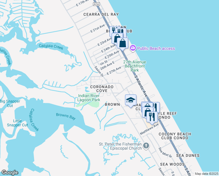 map of restaurants, bars, coffee shops, grocery stores, and more near 3811 Saxon Drive in New Smyrna Beach