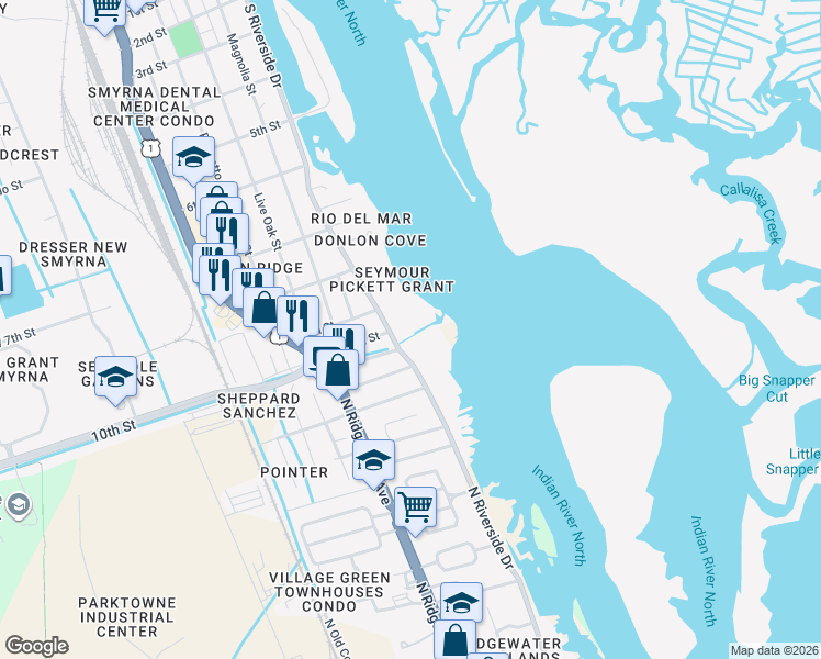 map of restaurants, bars, coffee shops, grocery stores, and more near 1801 South Riverside Drive in New Smyrna Beach