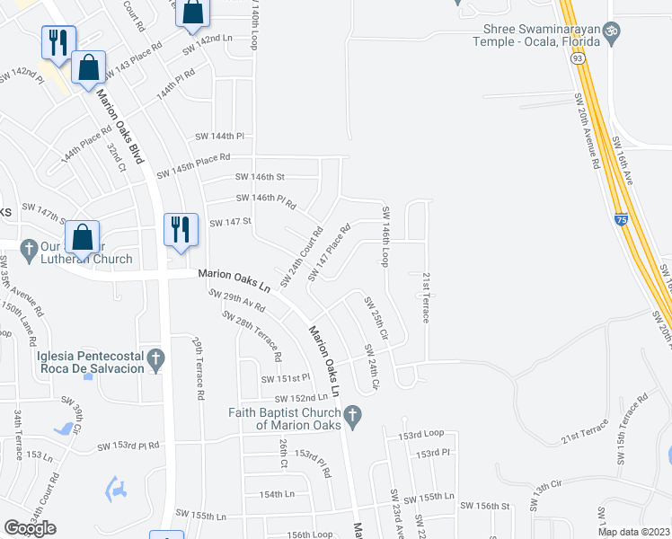 map of restaurants, bars, coffee shops, grocery stores, and more near 2453 Southwest 147th Lane Road in Ocala
