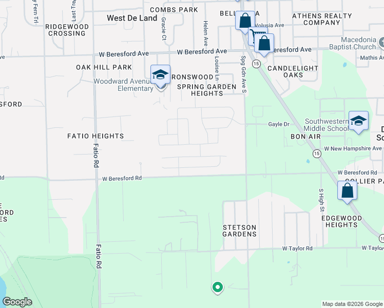 map of restaurants, bars, coffee shops, grocery stores, and more near West Beresford Road in DeLand
