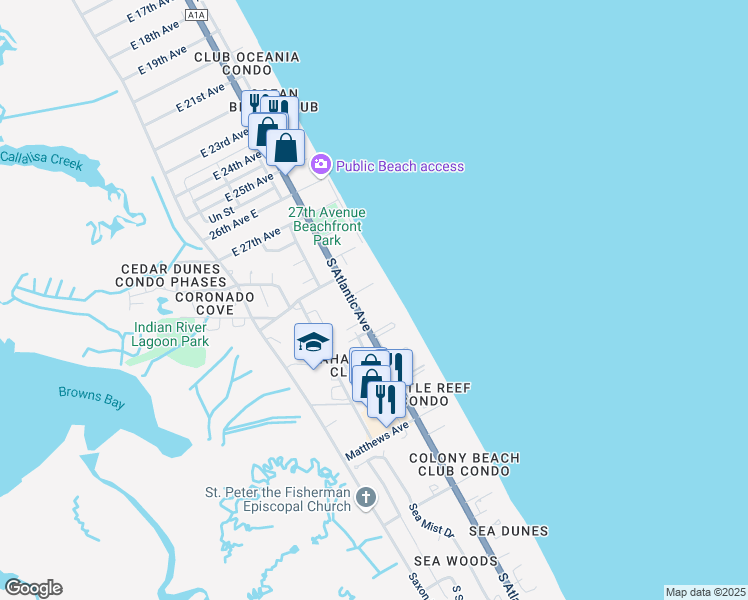 map of restaurants, bars, coffee shops, grocery stores, and more near 4139 South Atlantic Avenue in New Smyrna Beach