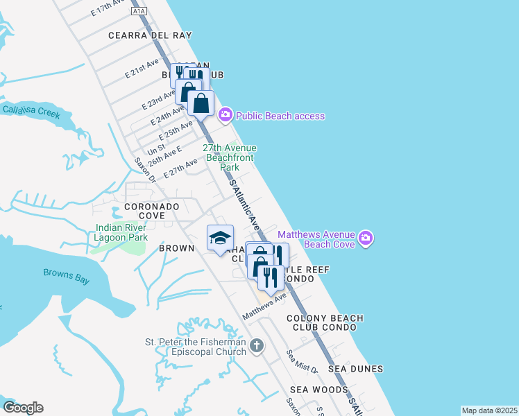 map of restaurants, bars, coffee shops, grocery stores, and more near 4139 South Atlantic Avenue in New Smyrna Beach