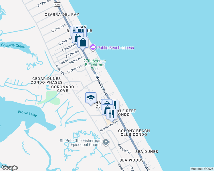map of restaurants, bars, coffee shops, grocery stores, and more near 4139 South Atlantic Avenue in New Smyrna Beach