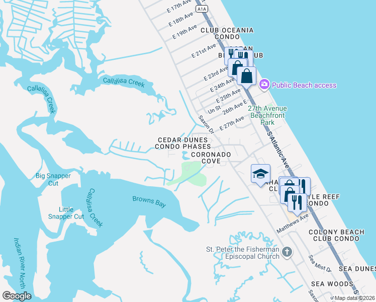 map of restaurants, bars, coffee shops, grocery stores, and more near 67 Cedar Dunes Drive in New Smyrna Beach