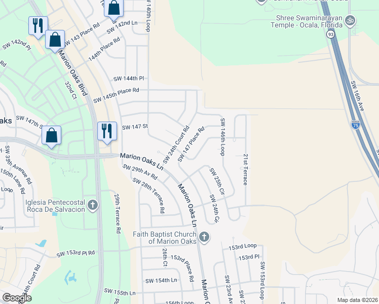 map of restaurants, bars, coffee shops, grocery stores, and more near 2500 Southwest 147th Lane Road in Ocala
