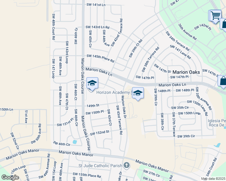 map of restaurants, bars, coffee shops, grocery stores, and more near 14834 Southwest 43rd Terrace Road in Ocala