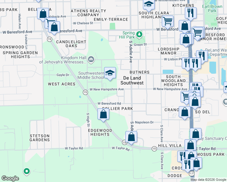map of restaurants, bars, coffee shops, grocery stores, and more near 626 Wilson Avenue in DeLand