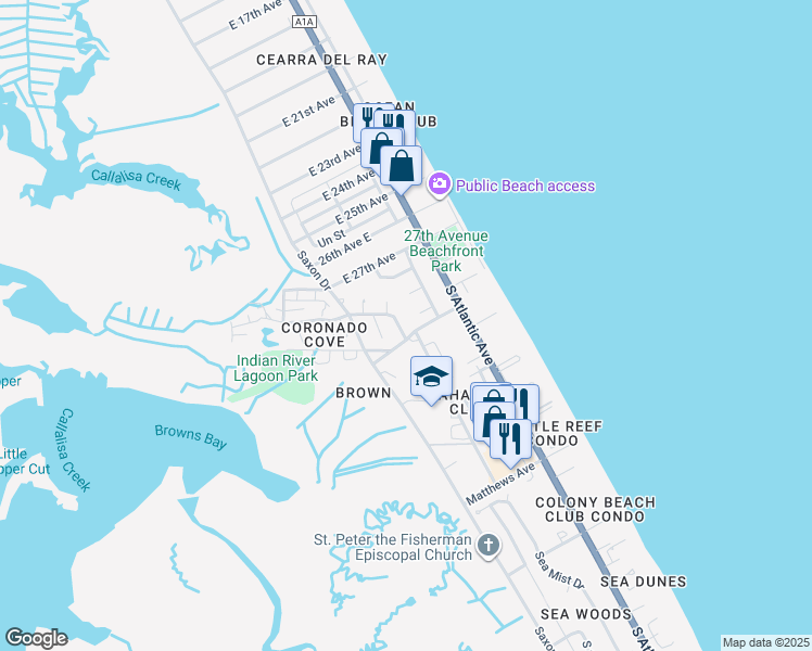 map of restaurants, bars, coffee shops, grocery stores, and more near 853 Schoolway Avenue in New Smyrna Beach