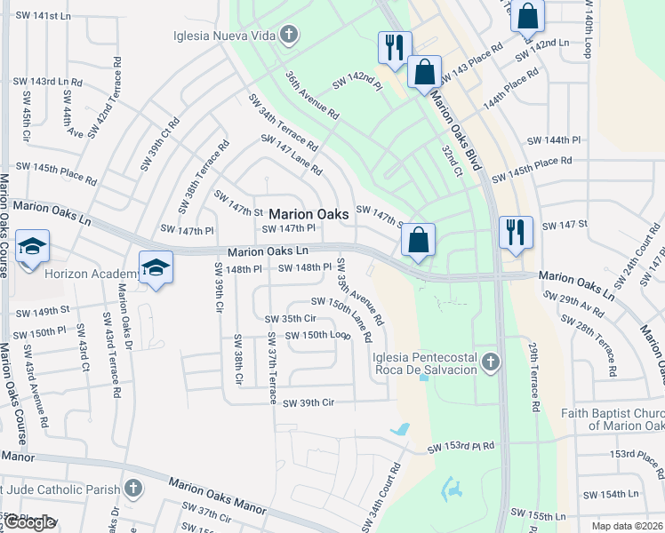 map of restaurants, bars, coffee shops, grocery stores, and more near 14884 Southwest 35th Avenue Road in Ocala