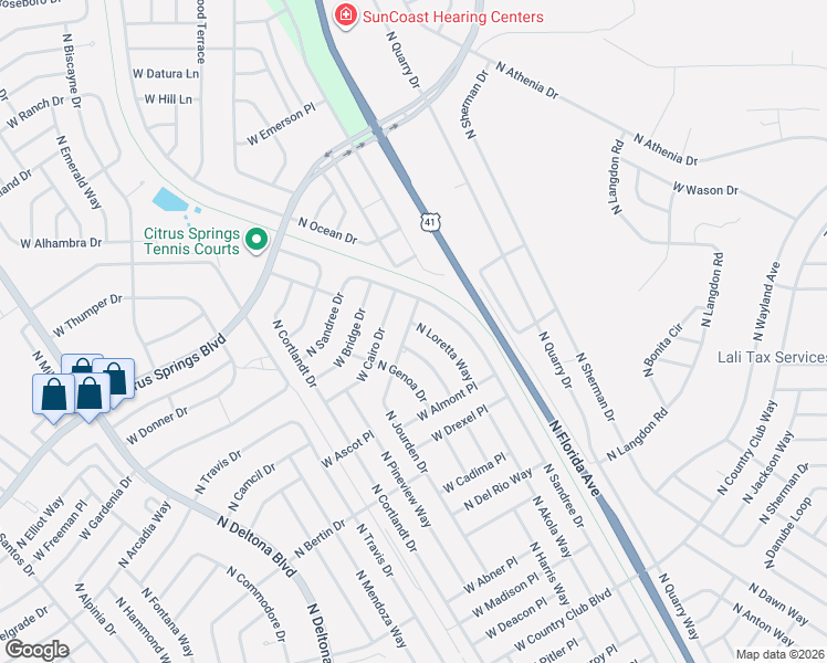 map of restaurants, bars, coffee shops, grocery stores, and more near 9741 North Kendall Way in Citrus Springs