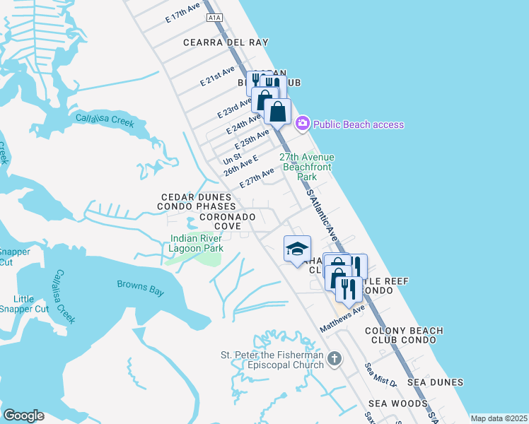 map of restaurants, bars, coffee shops, grocery stores, and more near 6 Forest Circle in New Smyrna Beach