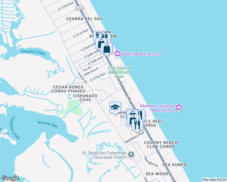 map of restaurants, bars, coffee shops, grocery stores, and more near 3722 South Atlantic Avenue in New Smyrna Beach