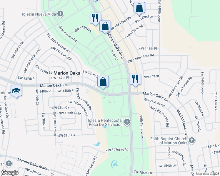 map of restaurants, bars, coffee shops, grocery stores, and more near 148th Place Rd in Ocala
